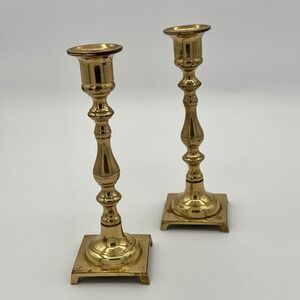 Vintage Brass Candlesticks Pair 7" Tall Square Base Traditional Taper Holders